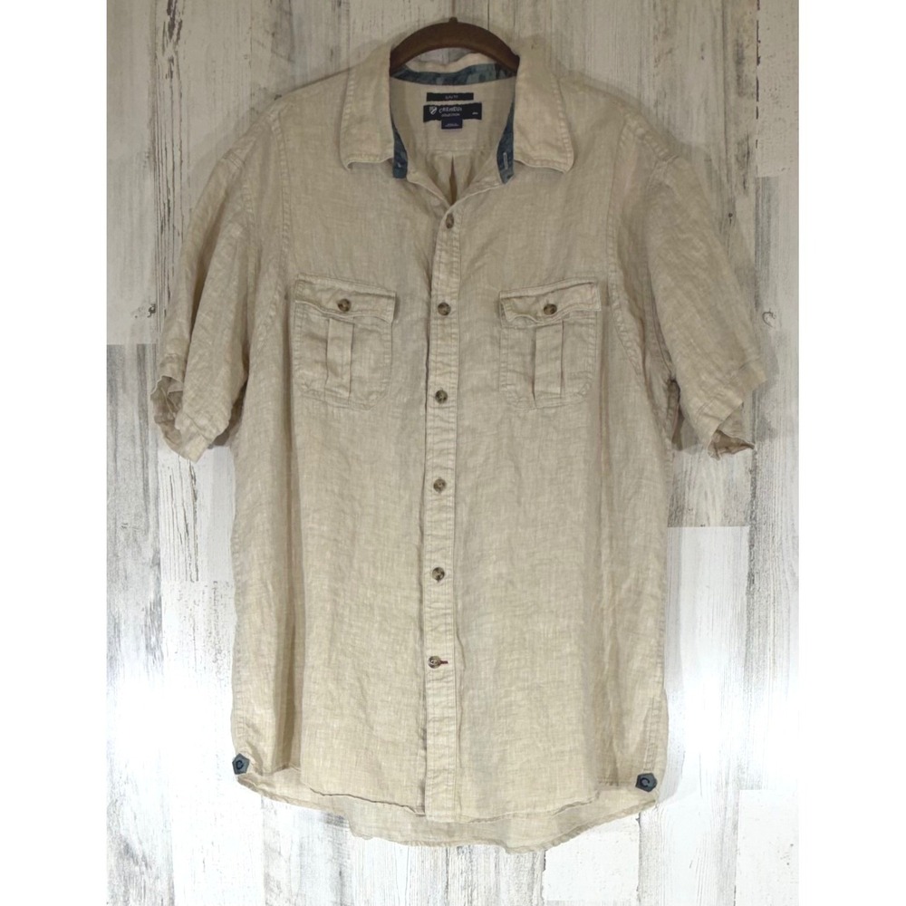 Cremieux Collection Shirt XL Beige 100% Linen Slim Fit Short Sleeve Button Down